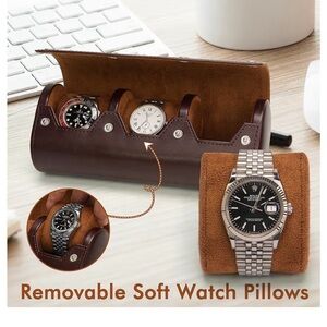 Lefor·Z Brown Leather Watch Roll 3 Slot Travel Case Luxury Organizer